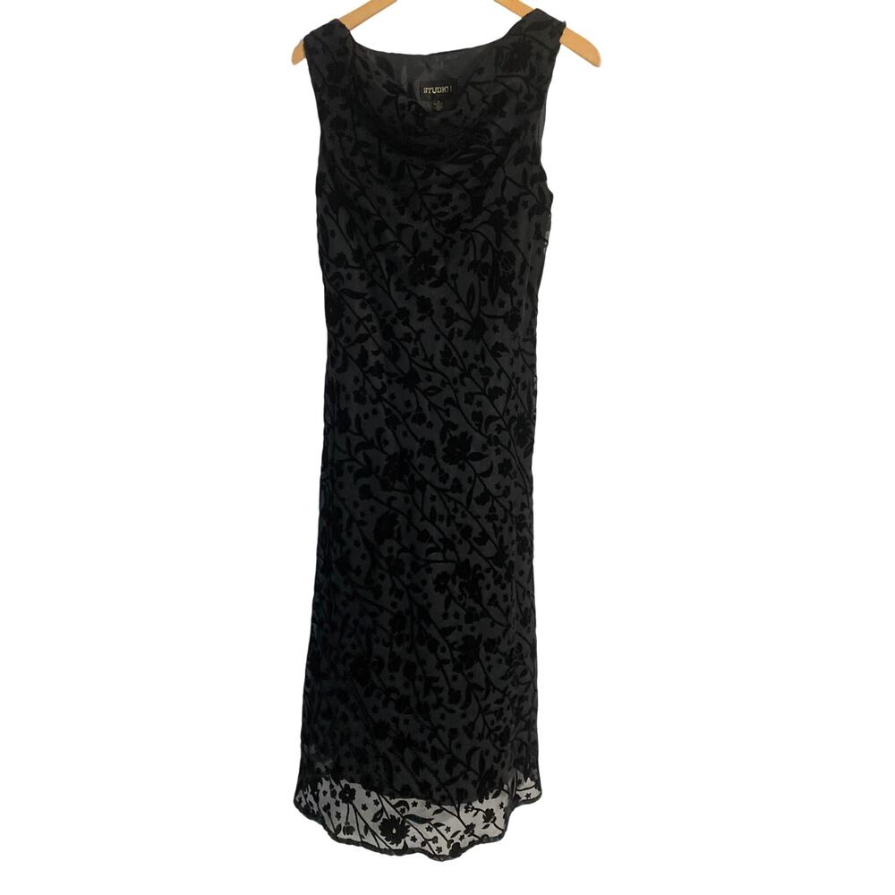 Studio I maxi dress women’s 10 black velvet burnout cowl neck 90s y2k whimsigoth